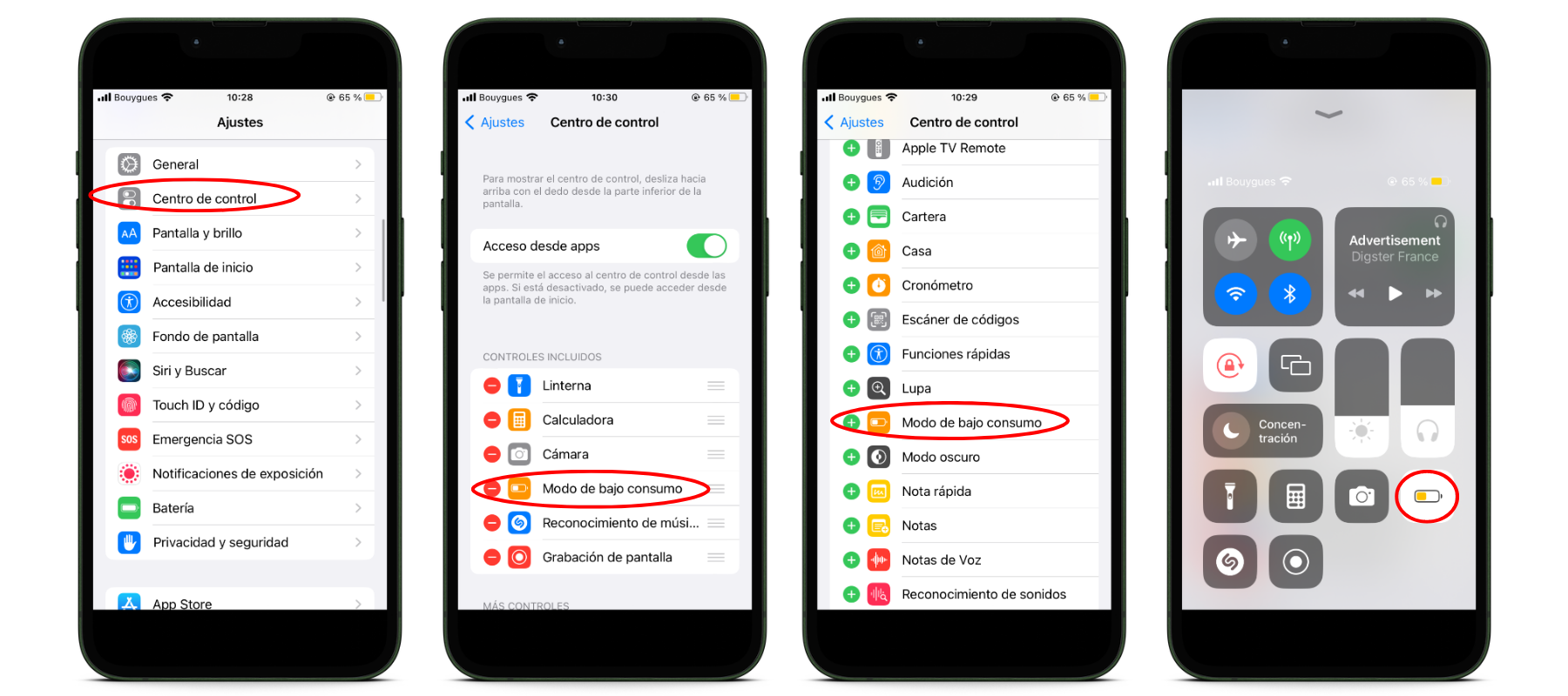 Procedimiento para activar el ahorro de energía del iPhone desde el Centro de Control